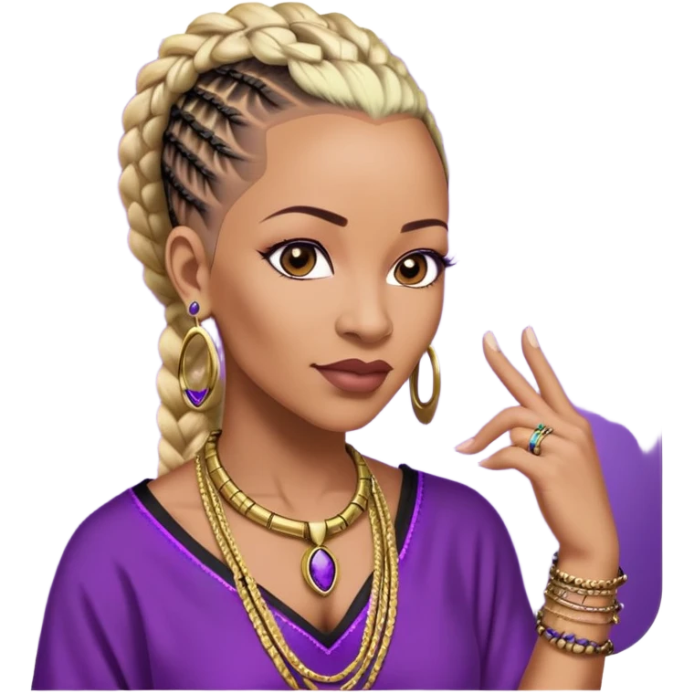 African american 57yr old , dark brown  woman who is 5ft 6in with a blonde and black mohawk of individual braids, with low shaved side haircut,
wearing a purple,  dashiki, with an gold  necklace of Draya inscribed,  wearing big gold bamboo earrings in ears with the name engraved of Draya emoji