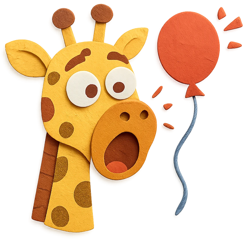 giraffe popping balloon in surprise expression, paper-craft style emoji