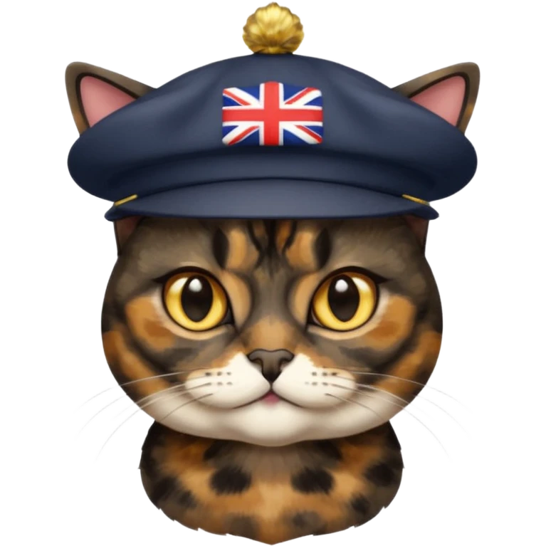 mostly black tortie cat, gold eyes, british hat emoji