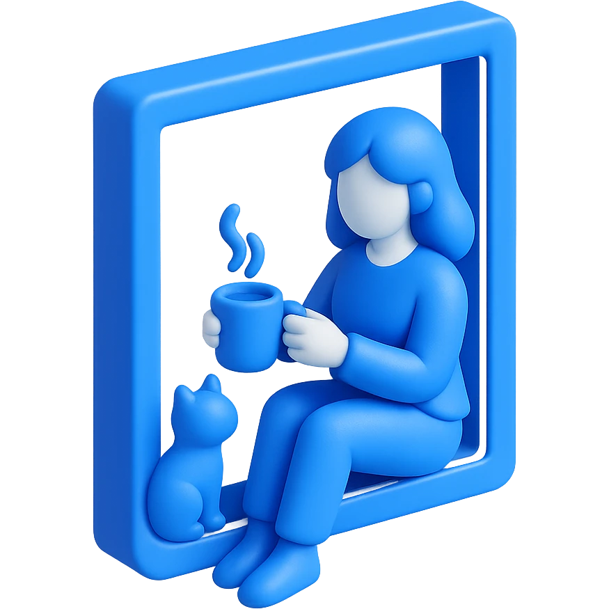 A woman sitting on a window sill, holding a cup of coffee, with a cat beside her, cherry blossoms outside the window, and birds flying around. emoji