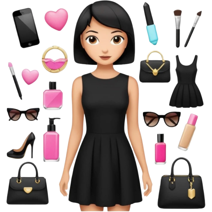 black short hair tanned woman, black dress girly things emoji