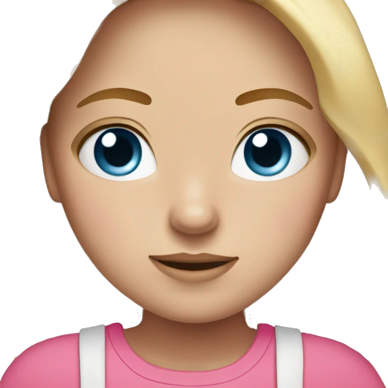 a girl with freckles and blue eyes, blonde hair and dark roots. pink clothes emoji