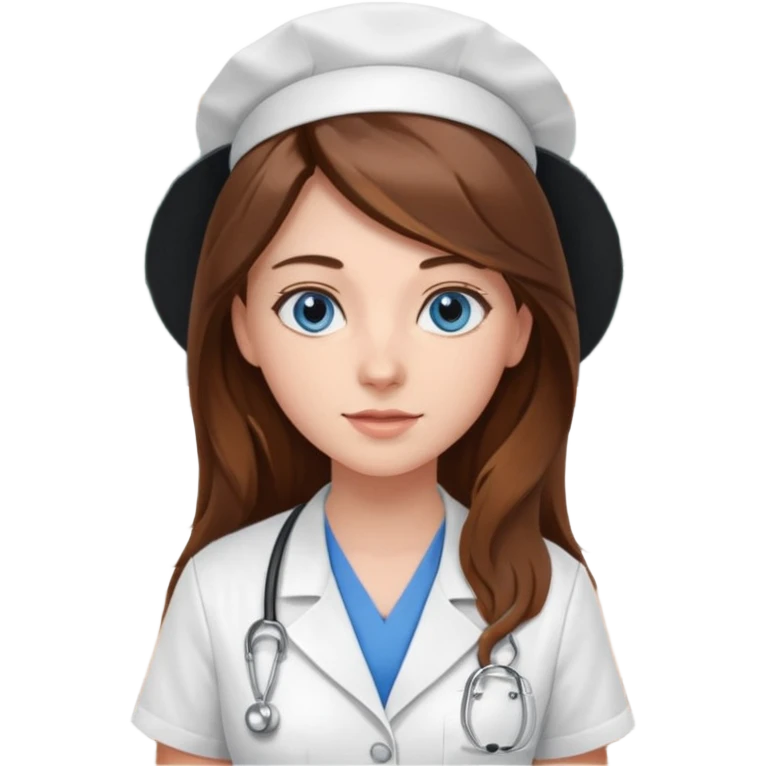 inside a classroom at university, a pretty female nursing student with long brown hair, blue eyes emoji