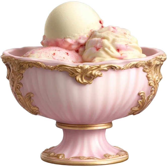 highly detailed vintage pale pink rococo bowl with ice cream emoji