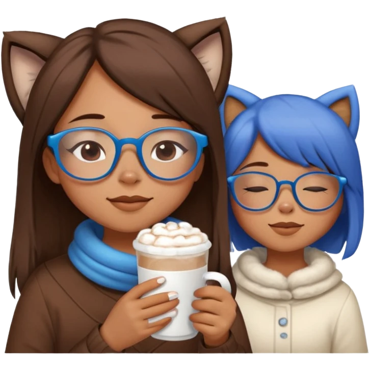 girl with blue glasses and straight brown hair closing her eyes relaxing with a cup of hot chocolate and a furry white malt emoji
