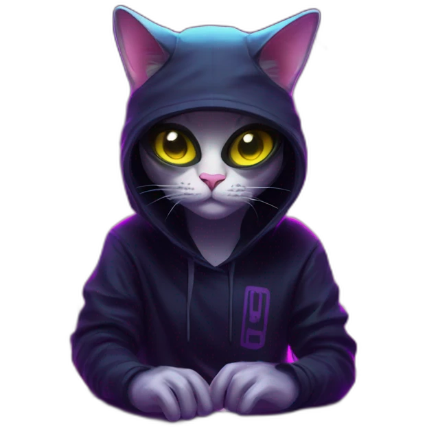 cat wearing a black hoodie with "OMG" letters on it and VR headset in a cyberpunk VR environment with violet neon lighting. emoji