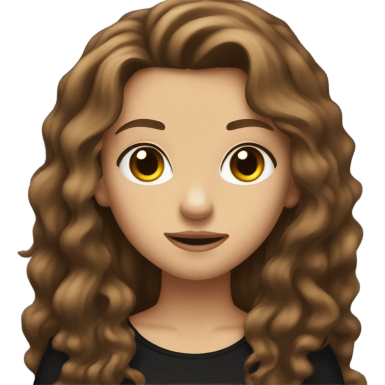 A pretty girl with long, wavy brown hair, black clothes, brown eyes, metalhead emoji