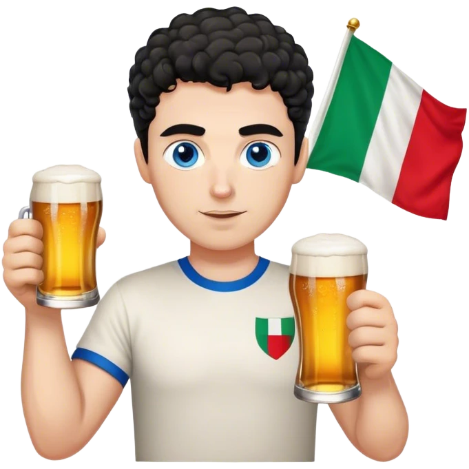 white guy thick eyebrows blue eyes with short curly black hair holding beer wearing a shirt with the italian flag emoji