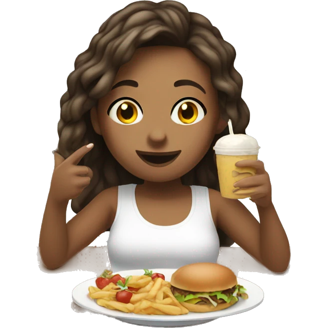 girl in white T-shirt enjoying food and drink. She is white girl. emoji