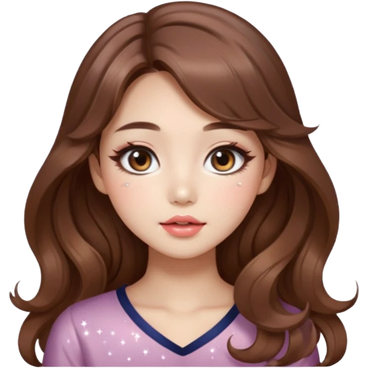 “korean brown hair Emoji girl, soft eyeliner and blush, gradient lips, light brown shimmer eyeshadow, sparkly aegyo-sal, long wavy hair,  emoji