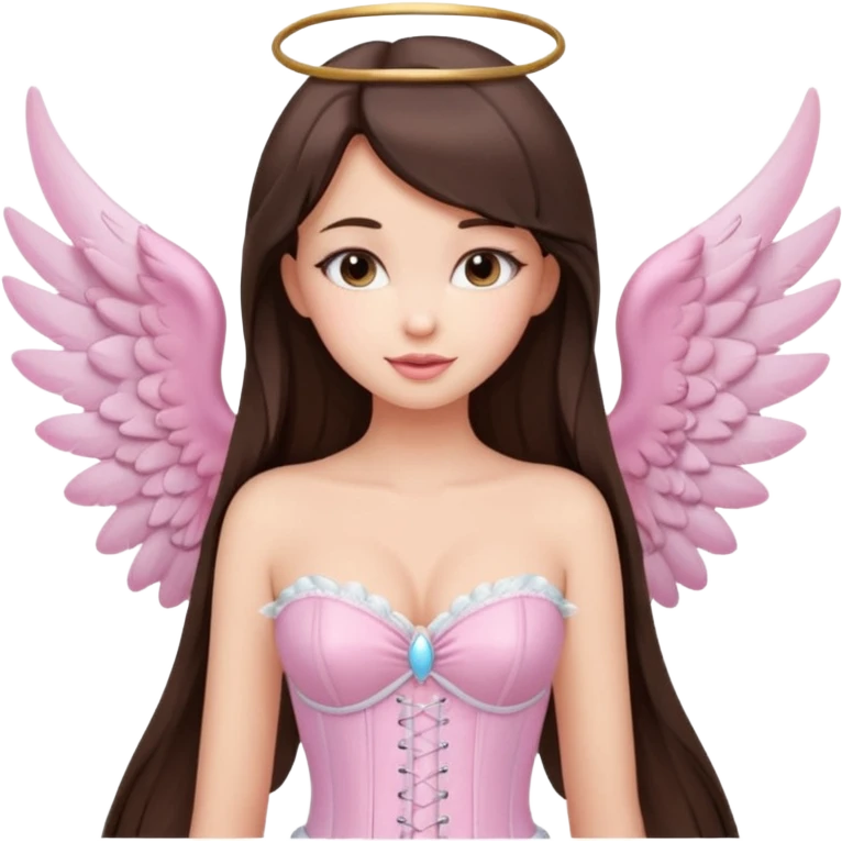 cute brunette girl, full lips, long straight hair, light makeup, pastel pink corset top, angel wings, smirk emoji