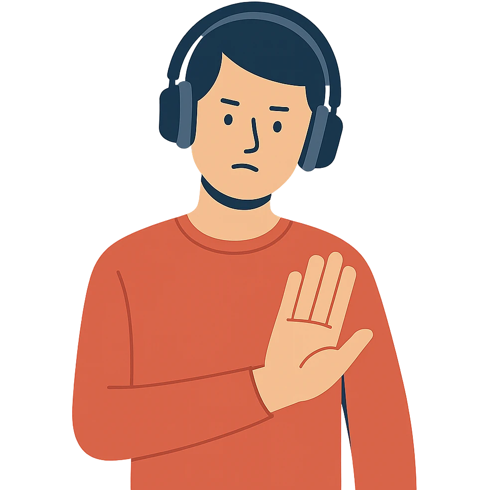 flat design style person in headphones showing a refusal sign emoji