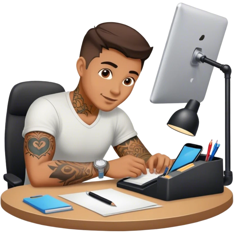 Man Working at a desk in love with a tattoo emoji