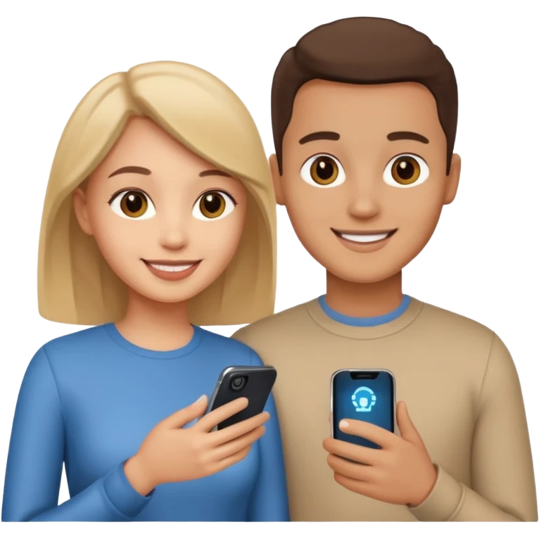 Generate a realistic emoji of a two people using a phone which shows artificial intelligence emoji