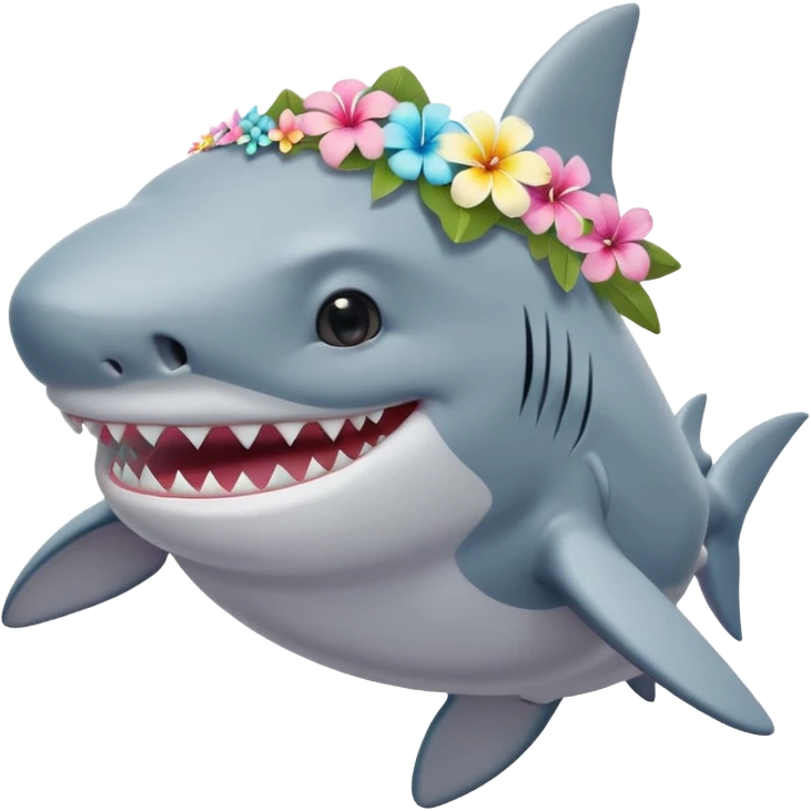 A cute chubby shark with hawaii pastel flower necklace and hawaiian flower crown, posing proudly. emoji