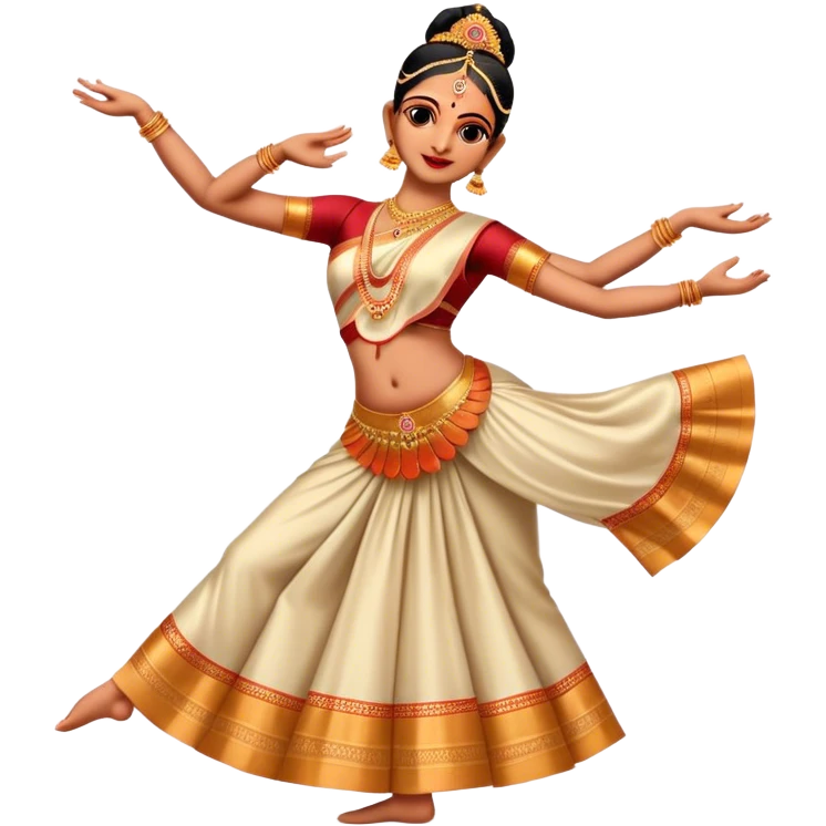 Cinematic Realistic Bharatanatyam Dance Emoji, depicted as an elegant classical Indian dance performance with graceful poses, intricate costumes, and expressive hand gestures, rendered with rich textures and warm dramatic lighting that captures its timeless beauty. emoji