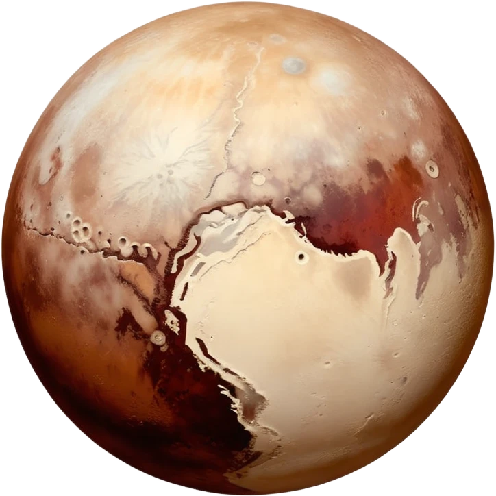 Pluto as a planet emoji, apple emoji style, mix of reddish-brown, white, and gray hues, large bright icy region like Sputnik Planitia, contrasting darker red-toned areas rich in tholins, simple and round, no text emoji