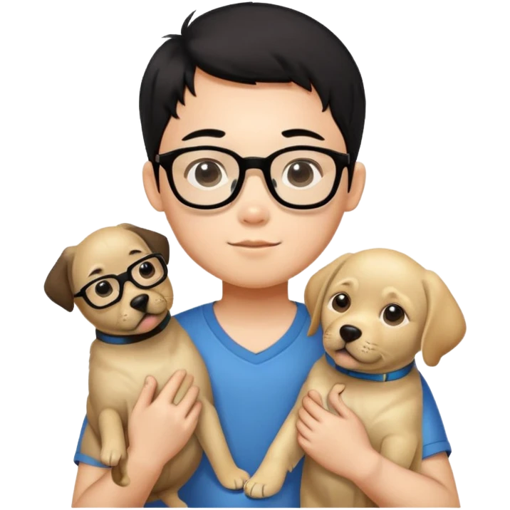 A Chinese black haired boy with black glasses holding a Labrador Retriever emoji