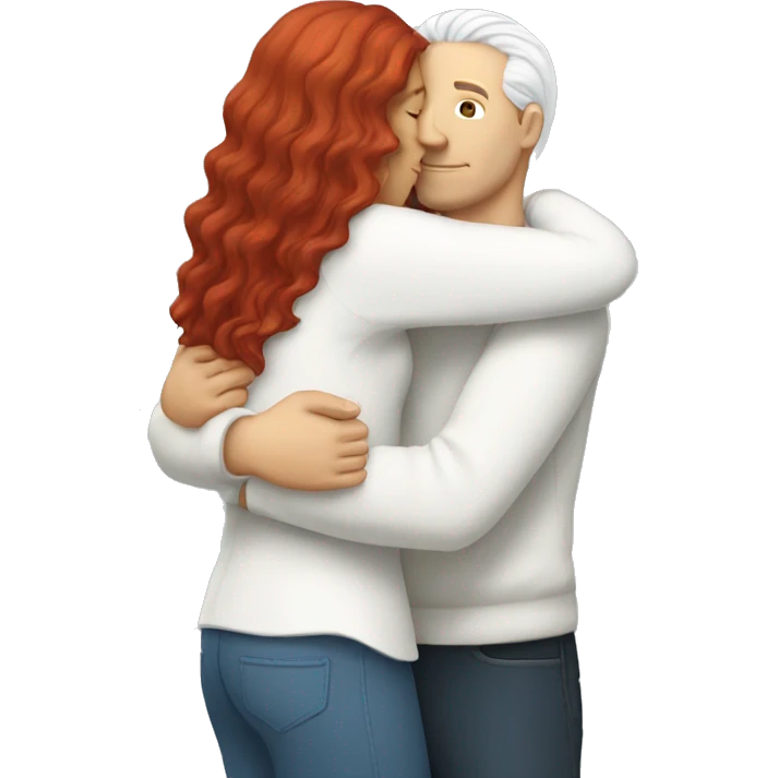 White Man with long hair hugging a white red hair woman emoji