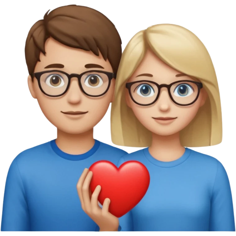 two young lovers, a heart between them, boy with brown hair and glasses, girl blonde with blue eyes, emoji style emoji