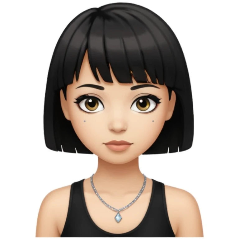 Make an emoji that is a bit fat but also a bit skinny at the same time, has black short hair with bangs, has eye liner and mascara on, has a black tanktop on, and has a necklace on  emoji