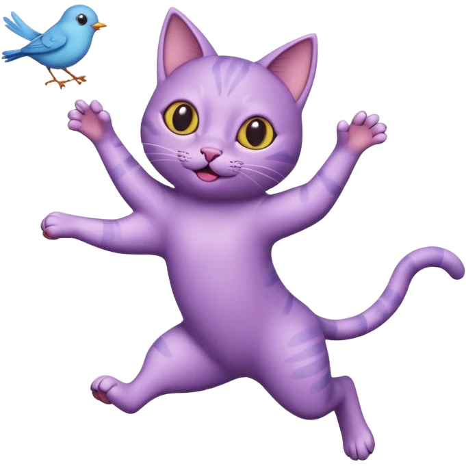 funny purple cat jumping after a fly more thin cat, more stylised cat less realistic add pick bird  emoji