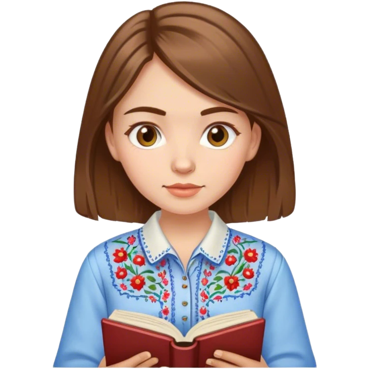 A Ukrainian girl with brown hair in an embroidered shirt reads a book emoji
