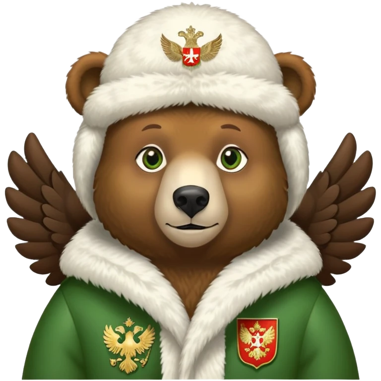 Sweet brown bear with friendly expression and green eyes, white fur ushanka with prominent and detailed Russian Federation double-headed eagle coat of arms, iOS emoji style emoji