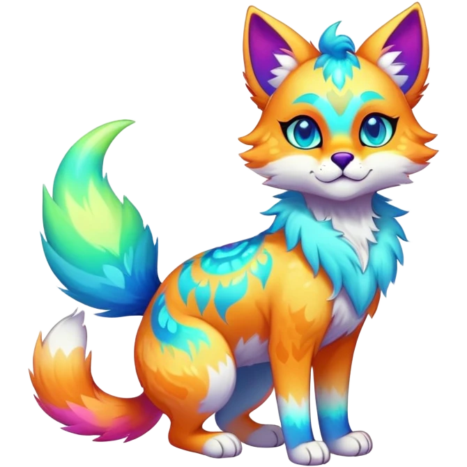 Vibrant multicolored neon-colored Falvie-Fionbri-creature-sparkle-feline-canine-hybrid-fursona, full body, fur pattern-markings emoji