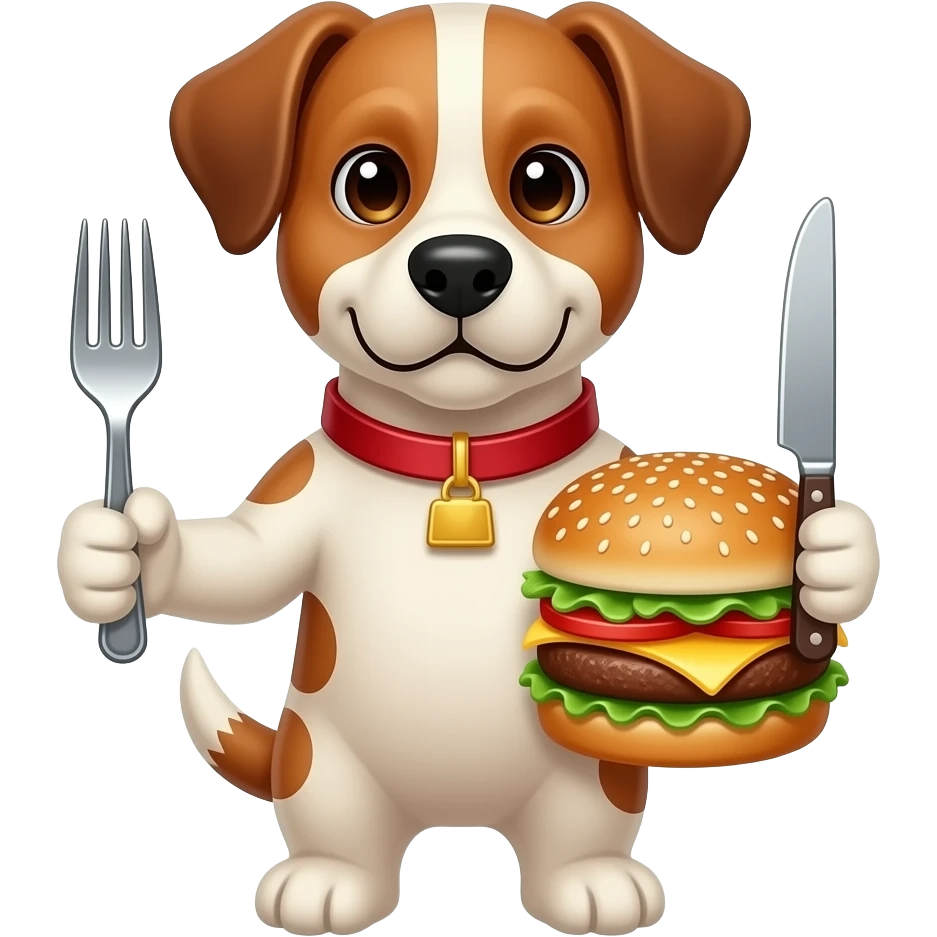 Dog with Fork, knife, and a Burger emoji