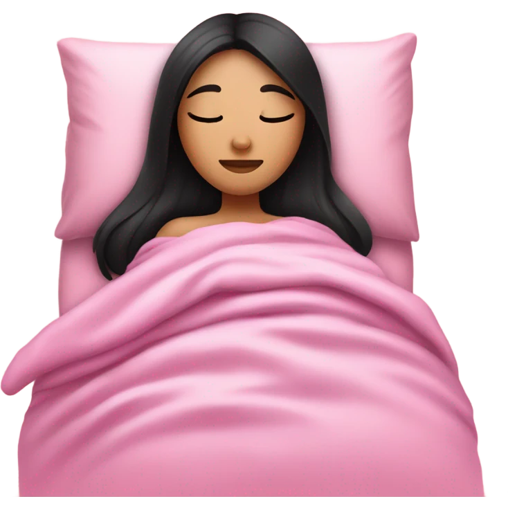 a girl with straight black hair, in the bed sleeping with pink blankets  emoji