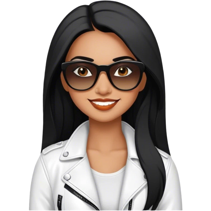 beautiful fit woman, with long straight black hair, with make up, black eye liner, smile mooth close, mexican, brown skin, wearing casual white outfit, wearing leather black jacket, solar wayfarer on the tip of the nose, flirting emoji
