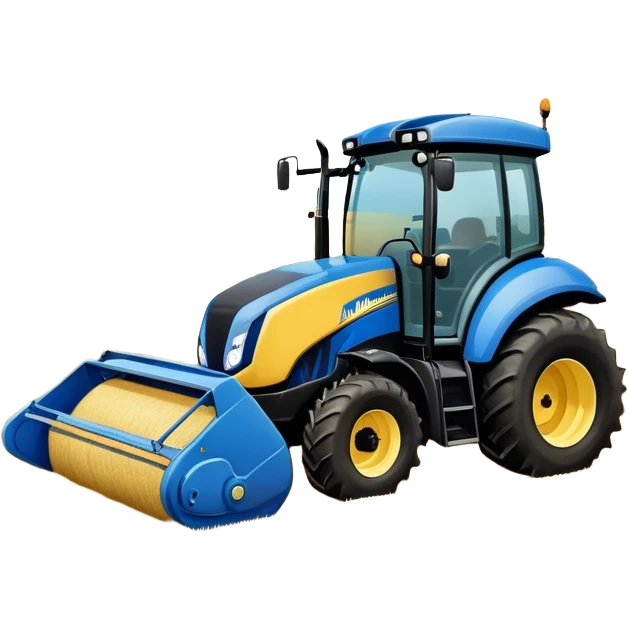 New Holland Roll-Belt 560 (2018) – Cinematic-realistic New Holland Roll-Belt 560 baler, its blue body steadily compressing golden hay into tight, round bales. The rhythmic motion of the machine continues as dust swirls in the afternoon heat, with rows of freshly cut grass stretching toward the horizon. emoji