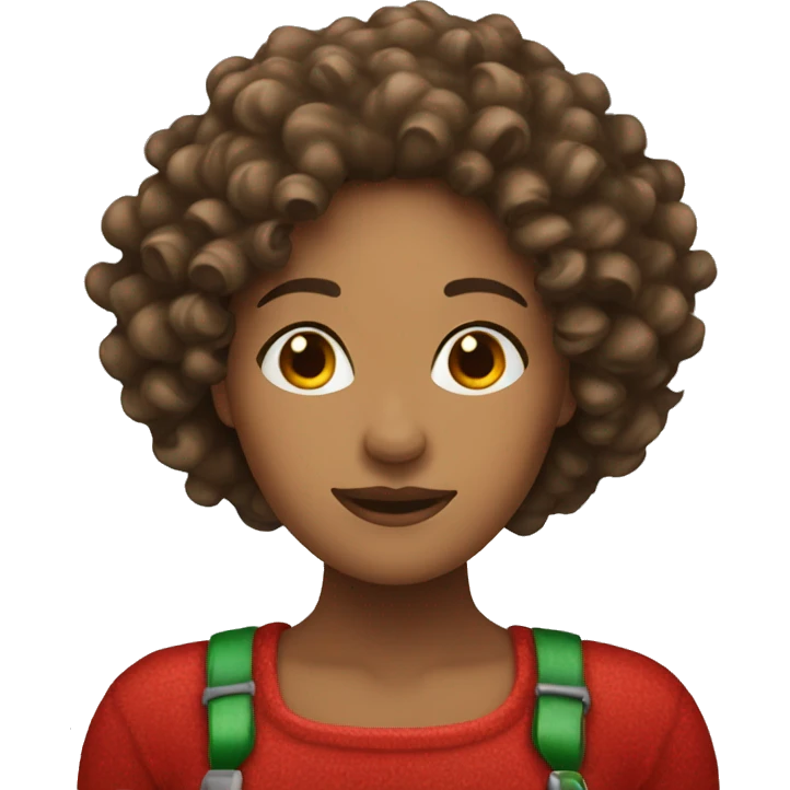 woman with curly hair brown and christmas hat emoji