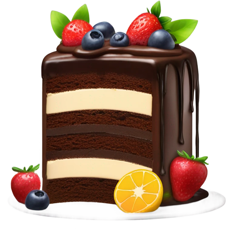 Chocolate cake with dripping chocolate and fruit on top  emoji