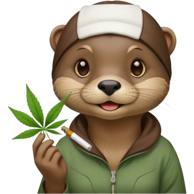 Cute female Otter smoking a joint and holding cannabis leafs emoji