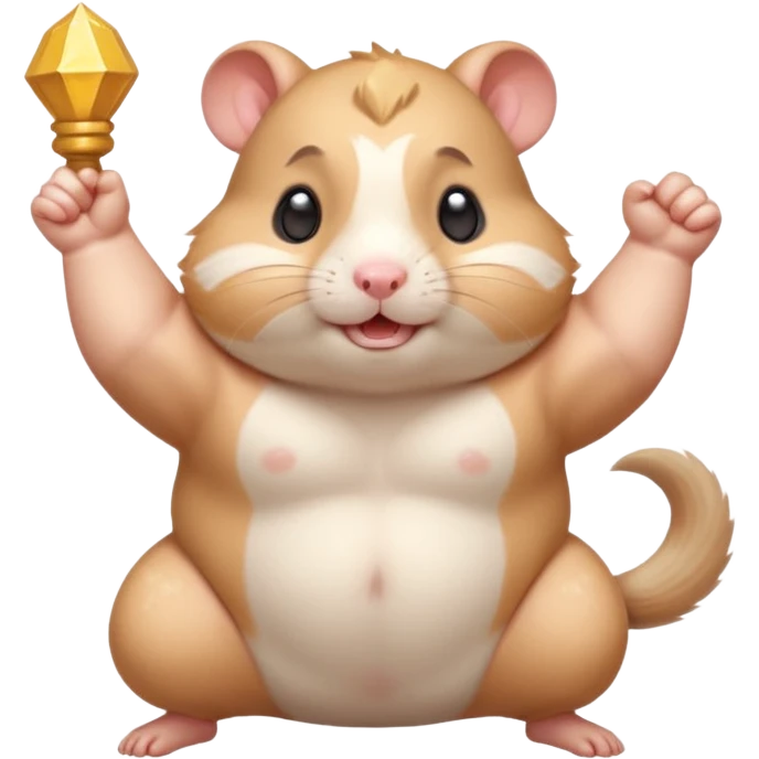 Cute chubby cartoon-style hamster flexing tiny arms like a bodybuilder, sparkles around it, triumphant expression. Painterly shading, white background, sticker-style illustration. emoji