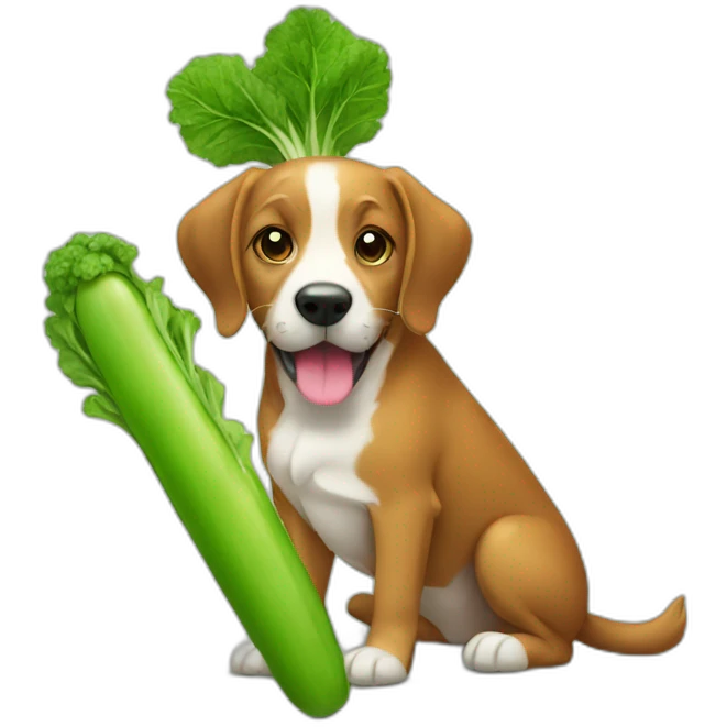 a dog eating a giant green carrot emoji