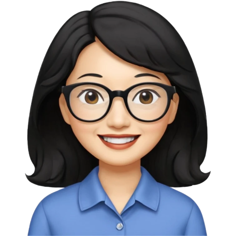 60 yr old asian woman, wavy thick black hair past shoulder length, side part, side swept bang, big smile, collared shirt, long hair, glasses emoji