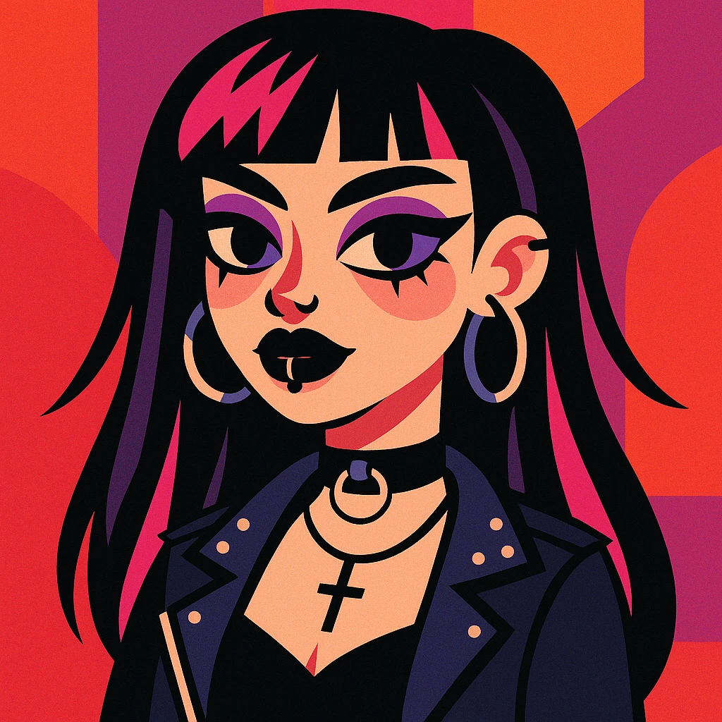 gothic girl, modern goth fashion, black lipstick, piercings, choker, vibrant toon style emoji