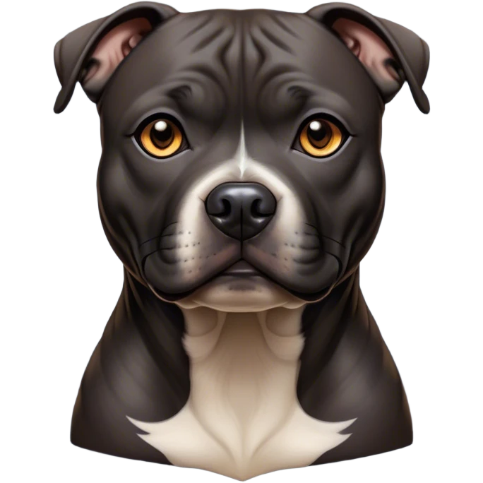 Cinematic Noble Black/Brindle Staffordshire Bull Terrier Portrait Emoji, Poised and regal, with a compact, muscular build and a sleek, well-groomed Fur featuring a striking mix of black and brindle patterns, deep-set soulful dark eyes, Simplified yet sharp and sophisticated features, highly detailed, glowing with a soft, dignified glow, high shine, intelligent and loyal, stylized with an air of strength, focused and attentive, soft glowing outline, capturing the essence of a watchful and confident guardian, so majestic it feels as though it could stride out of the screen with effortless authority! emoji
