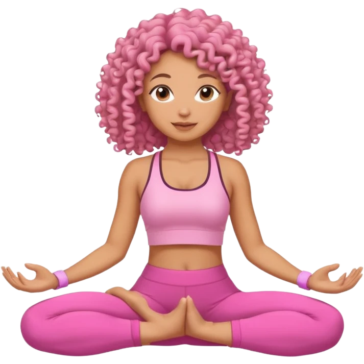 Uma mulher de cabelo cacheado, usando roupa de yoga rosa, em uma posição de yoga bonitinha emoji