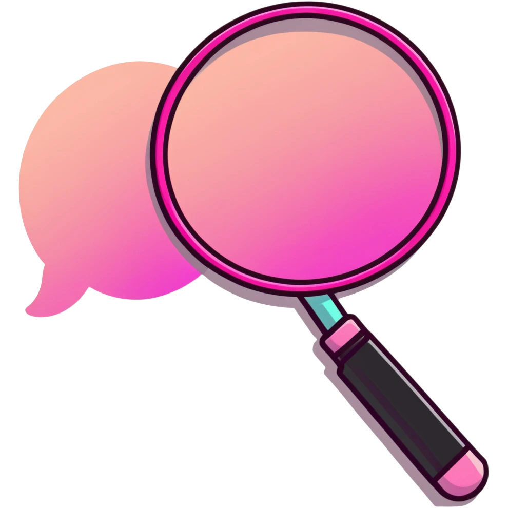 magnifying glass, transparent glass with bright pink gradient from #FF335F to #FF99AA, highlights, minimalistic emoji