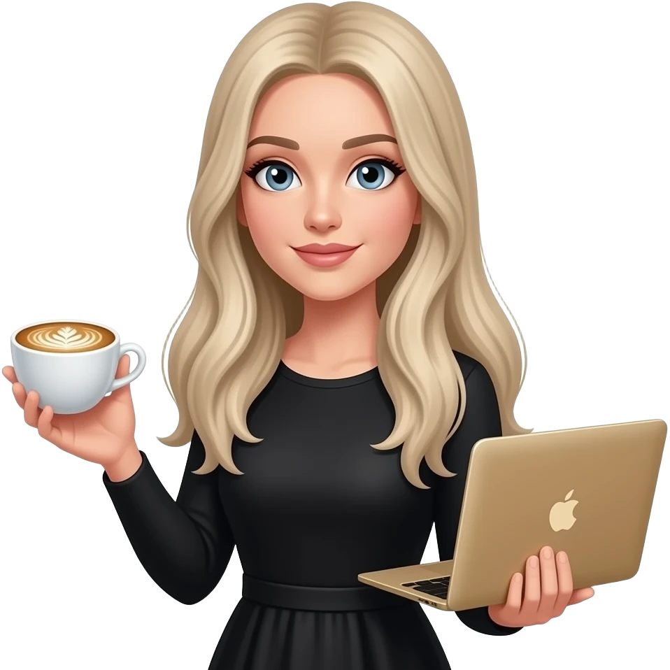 grey eyes woman, In long sleeves black dress, with long very straight blond hair down to the back of the back, with lombré hair with late art coffee and MacBook gold in other hands emoji