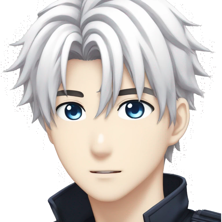 Anime guy, white hair, messy hair, medium length hair, blue eyes, blue glowing eyes, beautiful face, dark uniform, Japanese school uniform, white eyebrows, white eyelashes emoji