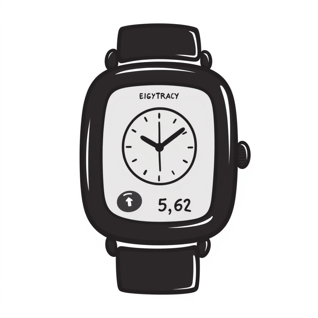 A fitness smartwatch with health tracking display in pastel colors (dd9fb0, ffc6d3, a3bfc9, c4bee2, f1b091), hand-drawn doodle style emoji