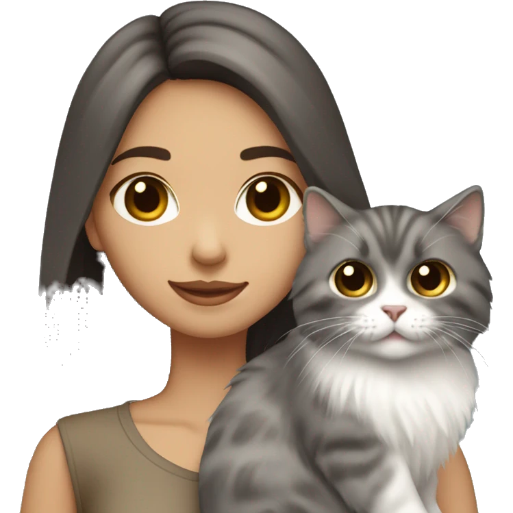 Dark brown straight hair girl holding fluffy Siberian gray cat  emoji
