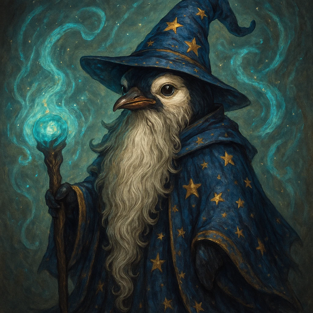 fantasy penguin wizard with a long beard, starry cloak, and magical aura, detailed illustration style emoji