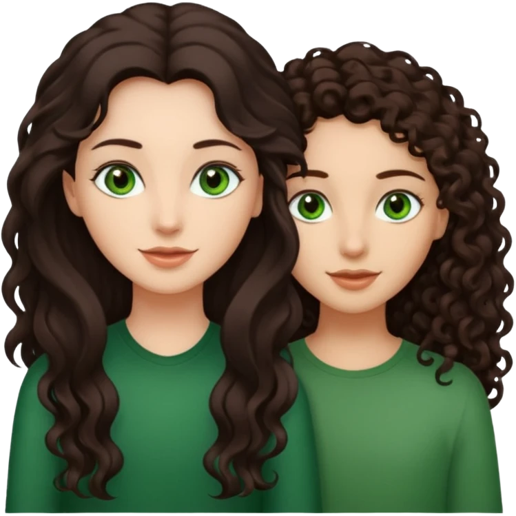 Two besties: 1: long fully straight darkbrown hair, green eyes 2: long curly darkbrown hair emoji