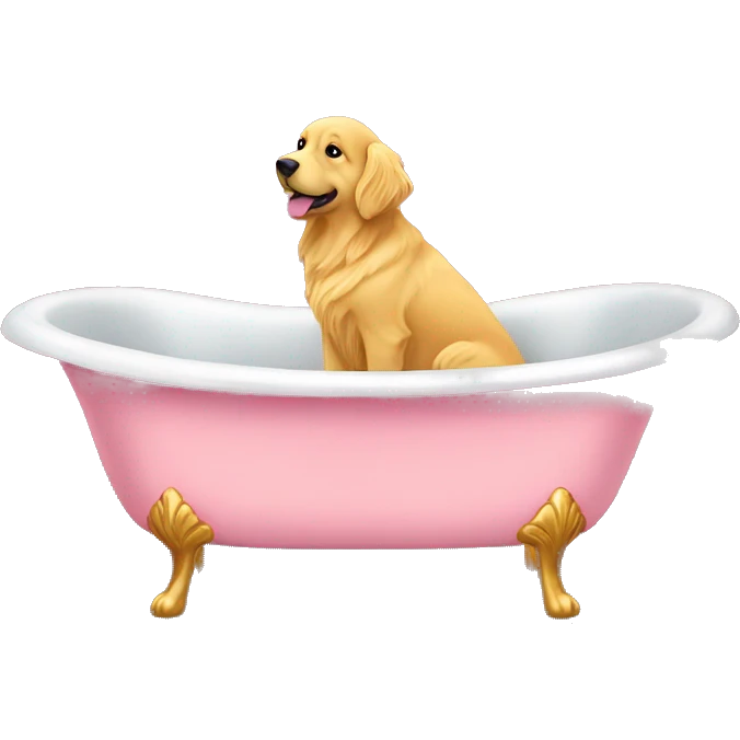 pink victorian bath tub, gold feet with golden retriever in it emoji